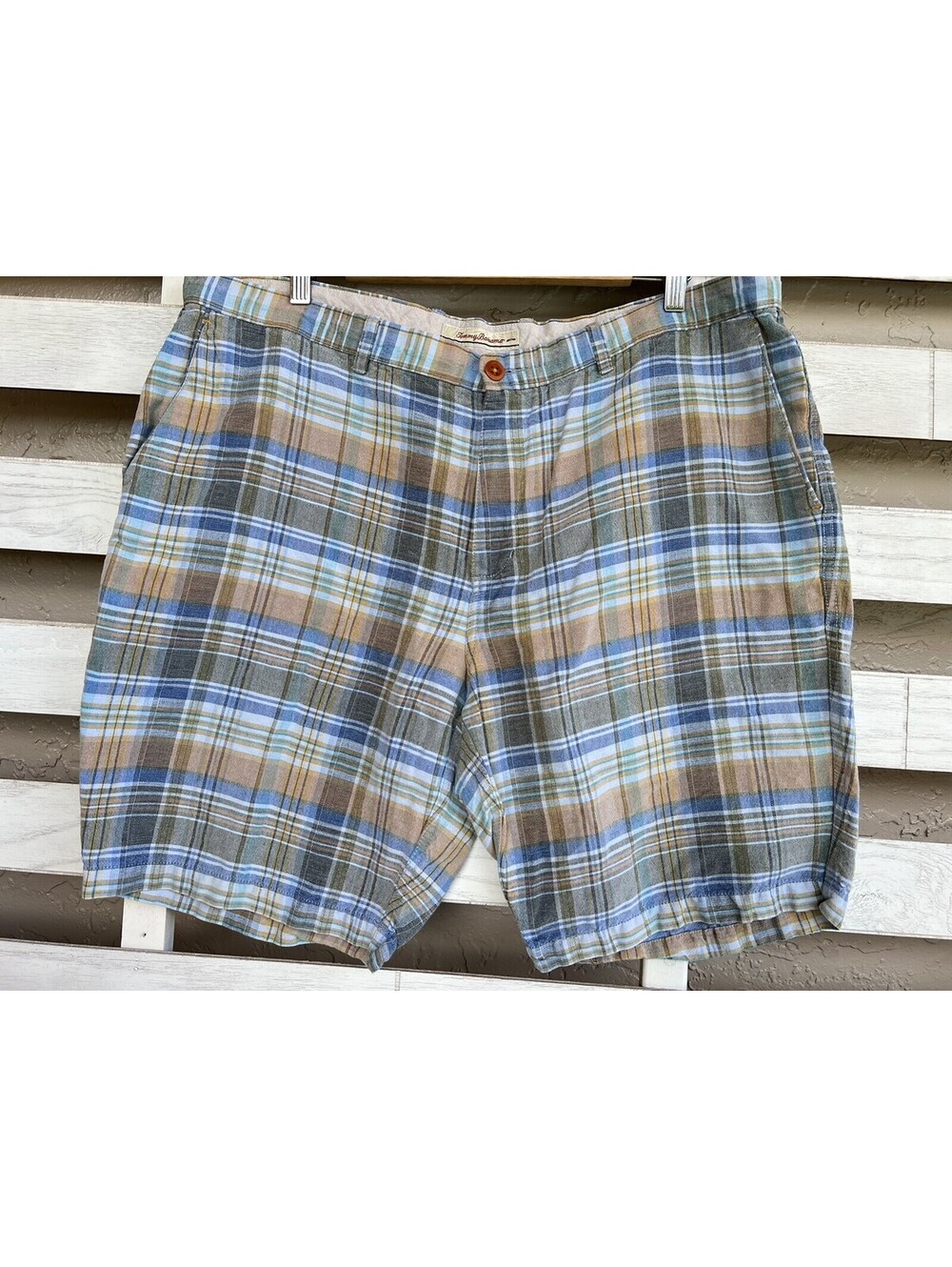 Tommy Bahama Shorts Mens 40 Linen Blend Plaid Casual Outdoor Beach Chino Blue.